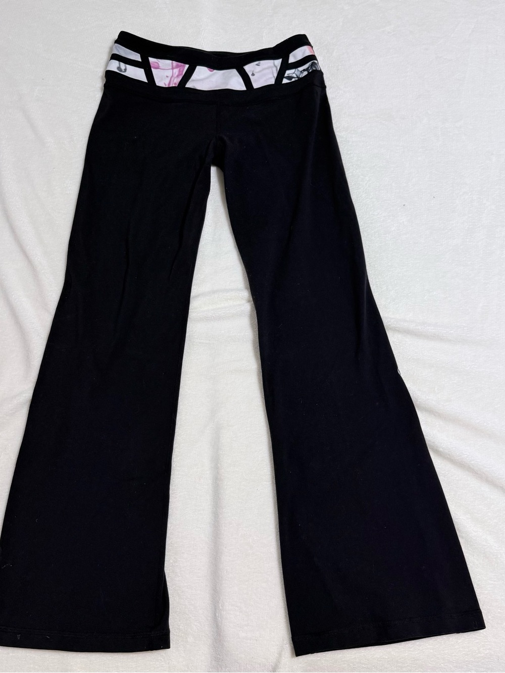 Lululemon Black Yoga Flare Pants with Printed Waistband - Size 6 - Gently Used
